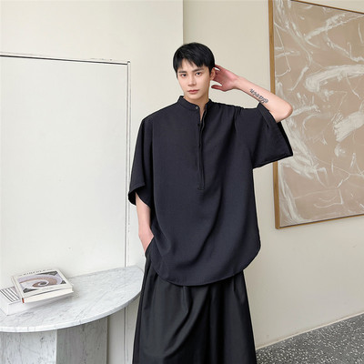 日系暗黑风复古宽松立领大袖短袖衬衫男廓形痞帅小众慵懒风发型师