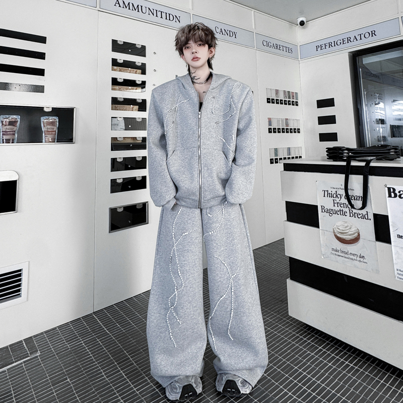 2025秋季重磅空气棉连帽手工钉珠开衫卫衣套装男阔腿长裤两件套潮