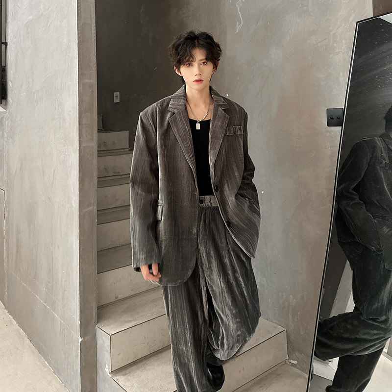 2025秋装复古丝绒休闲西装套装男时尚老钱风高级痞帅长裤两件套潮