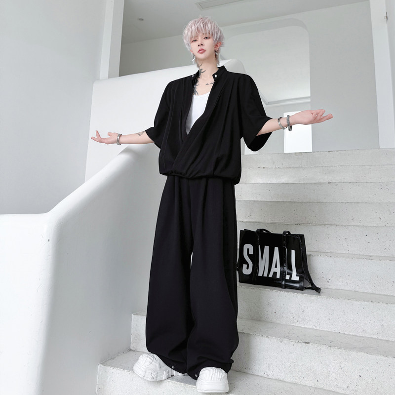 2025夏装立领大V领坠垂感短袖T恤男套装休闲慵懒风阔腿长裤两件套,男装,时尚套装,淘宝优惠券,粉丝福利购,淘宝优惠卷