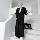 2025夏装 两件套 休闲慵懒风阔腿长裤 立领大V领坠垂感短袖 T恤男套装