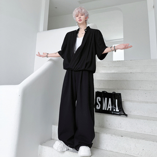 2025夏装立领大V领坠垂感短袖T恤男套装休闲慵懒风阔腿长裤两件套