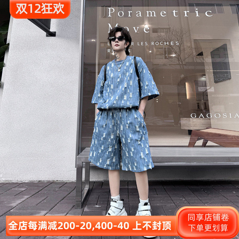 여름 한복 트렌디 브랜드 착용 데님 반팔 티셔츠 남성 정장 디자인 잘 생긴 스트레이트 반바지 투피스 세트