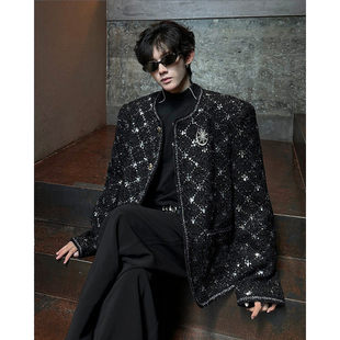 亮片刺绣格纹小香风毛呢外套男明星同款痞帅高级感穿搭短西装夹克