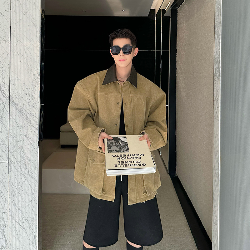 秋装走秀款粗纺帆布拼皮廓形夹克外套男大口袋复古高级感工装上衣