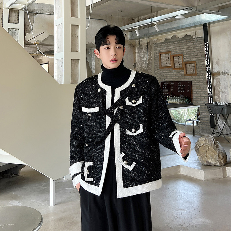 틈새 흑백 대비 색상 구조 디자인 칼라가 없는 작은 향기 재킷 남성 스타일의 고급 스팽글 모직 양복