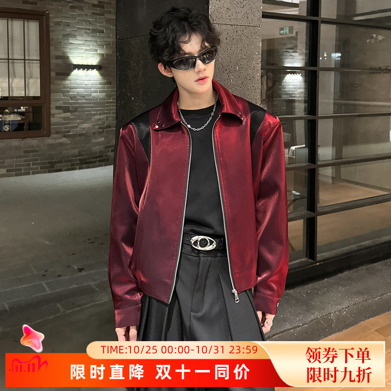小众解构撞色高级感垫肩夹克外套男韩版宽松酒吧夜场男模穿搭上衣