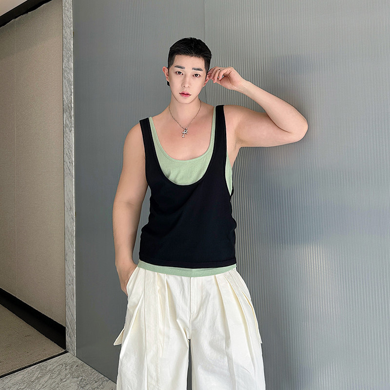 夏季小众设计师个性撞色叠穿无袖背心男韩版休闲网红坎肩上衣时尚