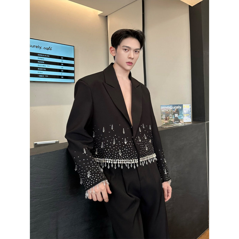 秋季小众设计感水钻水晶流苏短款西装外套男高级感宴会演出舞台装