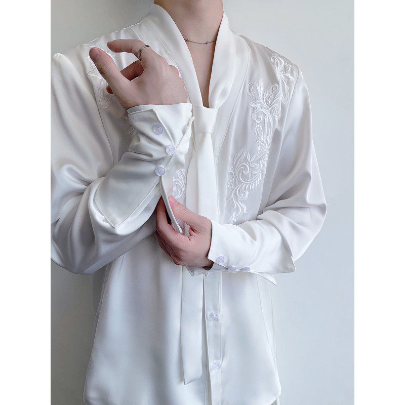 秋装小众设计感新中式刺绣醋酸丝滑飘带衬衫长袖法式缎面V领衬衣