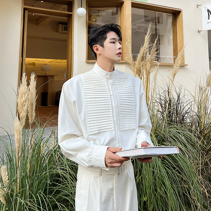 秋季网红高级感法式复古衬衫男长袖韩版小众皱褶设计感气质衬衣潮