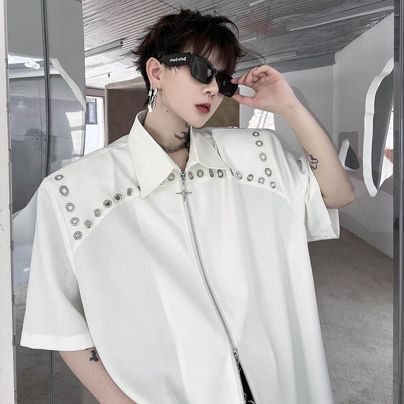 夏季小众高级感双拉链垫肩短袖衬衫男韩版痞帅休闲设计感衬衣宽松