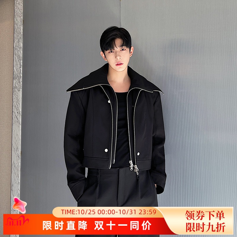秋季小众解构双领双拉链设计感高领夹克男短高级感假两件机车外套