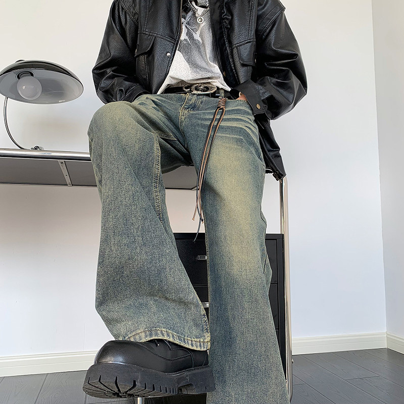 美式ins高街hiphop重工艺水洗微喇复古蓝牛仔裤男黄泥直筒阔腿裤