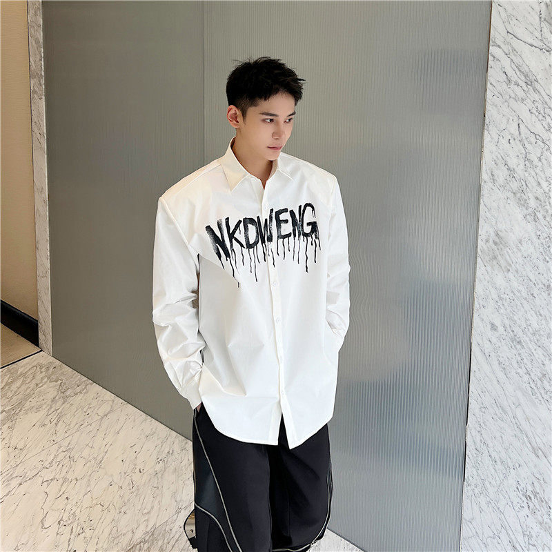 夏季涂鸦字母印花垫肩衬衫男长袖韩版高级感设计炸街衬衣美式高街