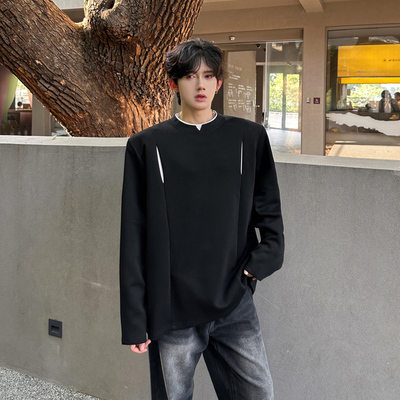 重磅垫肩设计感小众长袖T恤秋季韩版假两件卫衣男高级感痞帅外套