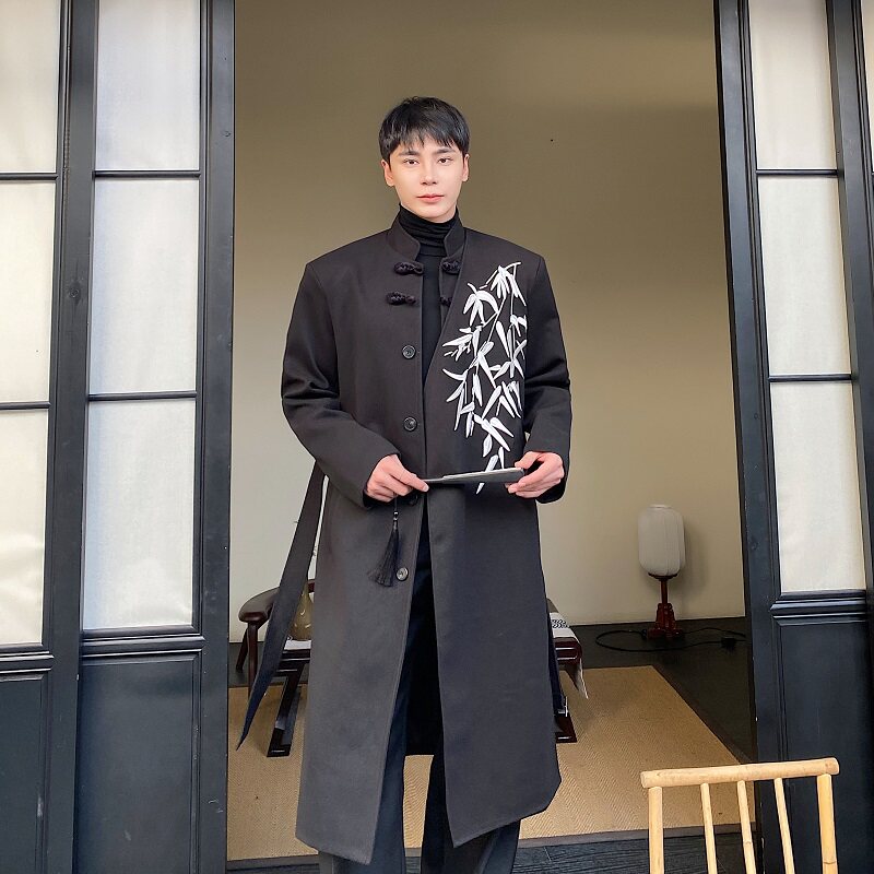 冬季加厚毛呢大衣男中式刺绣双门襟国风复古立领盘扣长款风衣外套