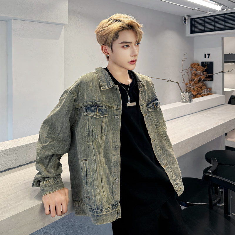秋装水洗复古做旧廓形牛仔外套男模穿搭上衣高级感痞帅夹克模子哥