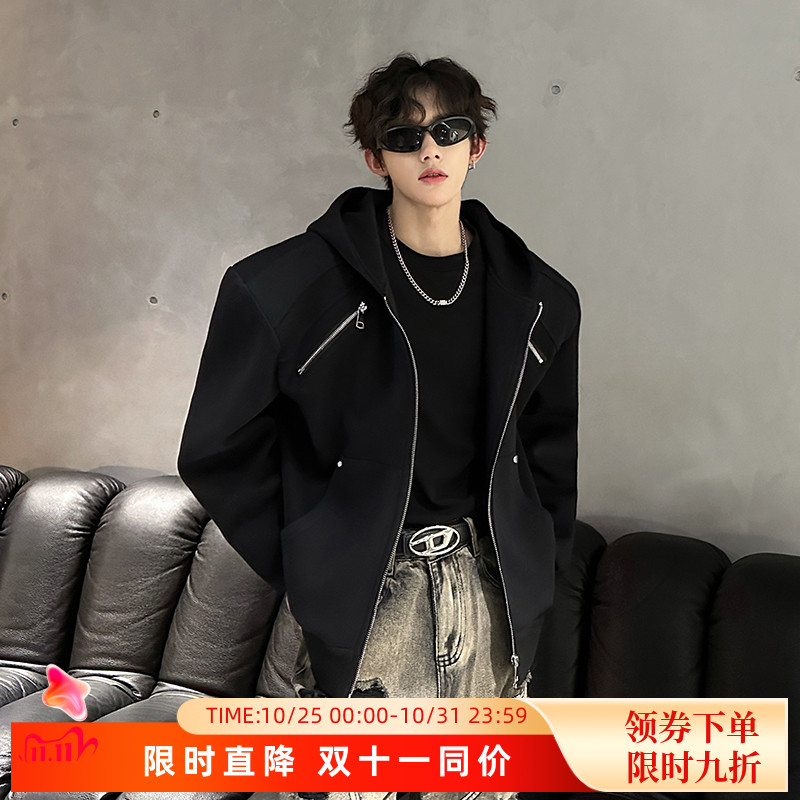 春秋款小众金属拉链解构设计感连帽卫衣男痞帅高级感垫肩夹克外套