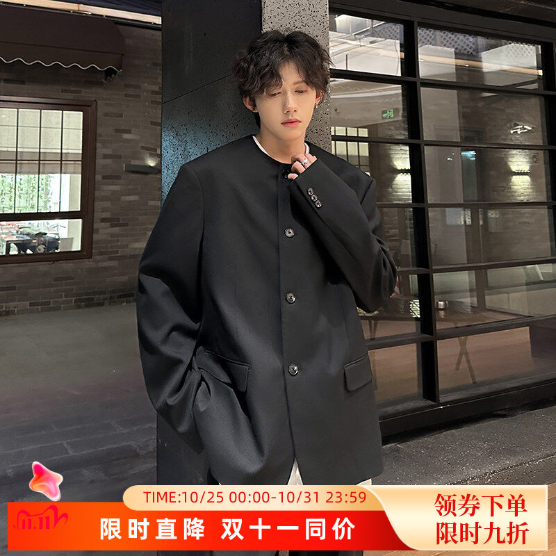 春装无领垫肩中山西装外套男高级感痞帅简约单排扣新中式雅痞西服