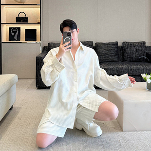 24SS早秋设计立裁oversize廓形格子衬衣套装男短裤慵懒风两件套潮