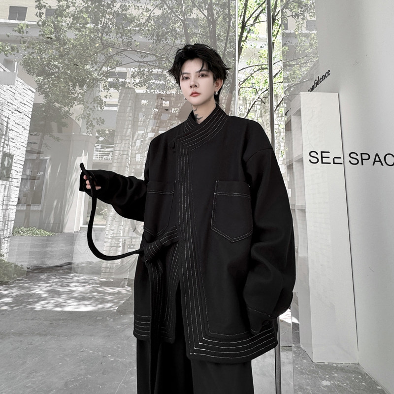 秋冬款高级感辑明线毛呢大衣外套男斜门襟绑带宽松加厚新中式上衣
