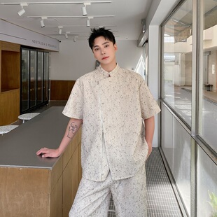 夏季改良中式斜门襟拉链短袖夹克套装男设计感时尚痞帅长裤两件套