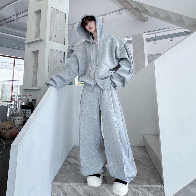 小众侧边活褶连帽开衫卫衣套装男美式高街重磅休闲阔腿长裤两件套