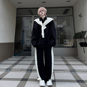 2025春装设计感拼接撞色拆卸披肩卫衣套装男韩版运动卫裤两件套装