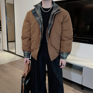 秋冬高级感复古格纹拼接立领保暖棉服外套男美式 cleanfit痞帅棉衣