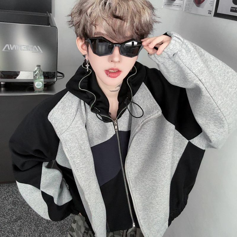 美式cleanfit拼色假两件拼接开衫卫衣设计感脱卸连帽短款拉链夹克