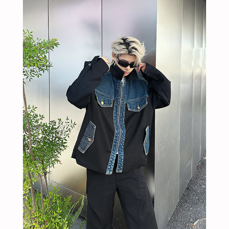 2025春装高街男士牛仔拼接西服设计感短款翻领夹克外套男痞帅垫肩