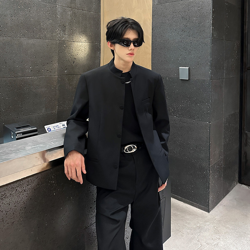 黑色cleanfit新中式立领垫肩痞帅修身男士西装外套老钱风新贵西服