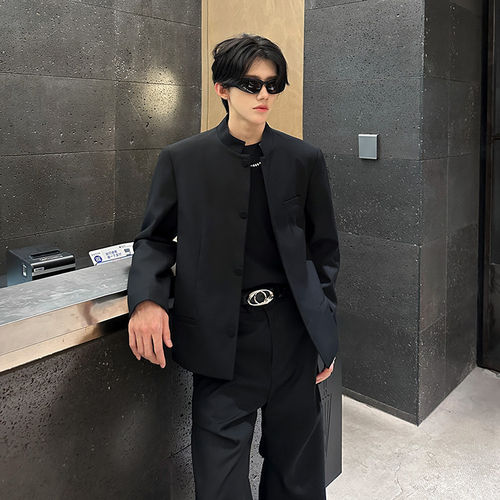 黑色cleanfit新中式立领垫肩痞帅修身男士西装外套老钱风新贵西服