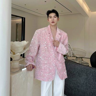 秋装时尚丝绒亮片垫肩宽松休闲西服外套男高级感宴会舞台礼服西装