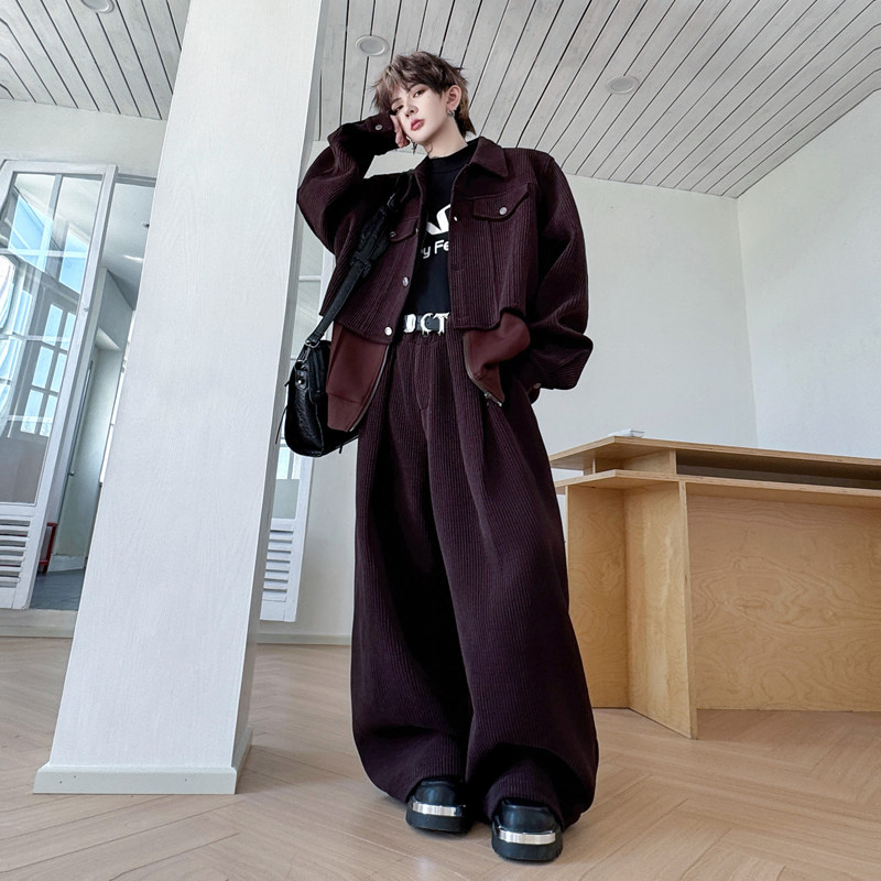 秋装复古灯芯绒拼接夹克套装男廓形痞帅弯刀阔腿长裤两件套高级感