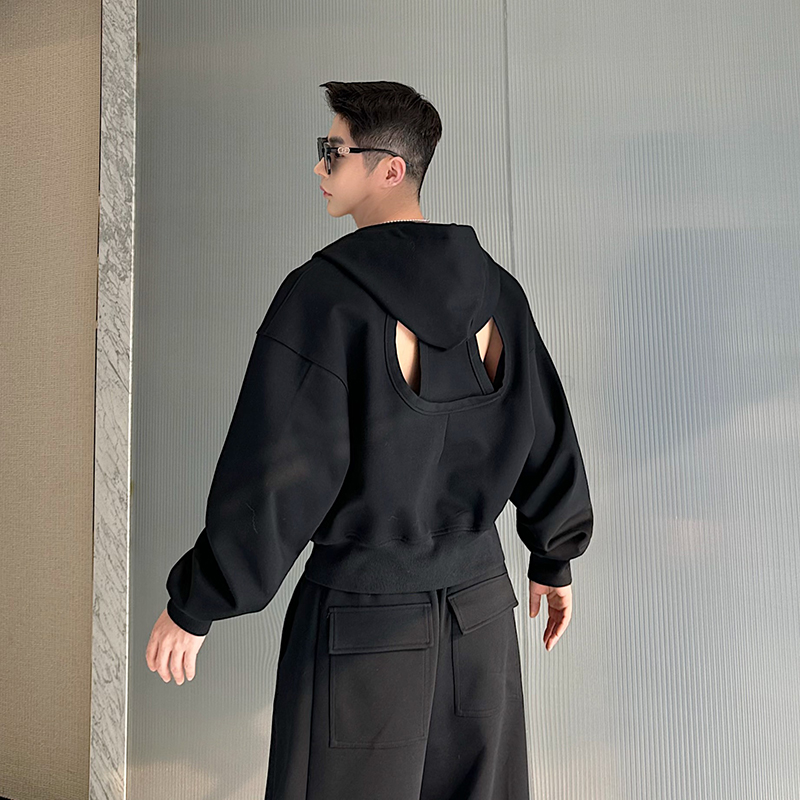 小众设计师款后背镂空解构拼接拉链卫衣连帽套装男阔腿卫裤两件套