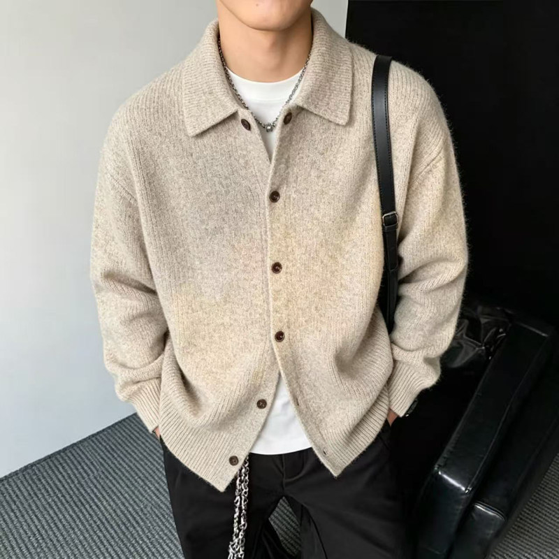 秋冬复古美式毛线衣夹克男士慵懒风翻领针织衫气质老钱松弛感毛衣