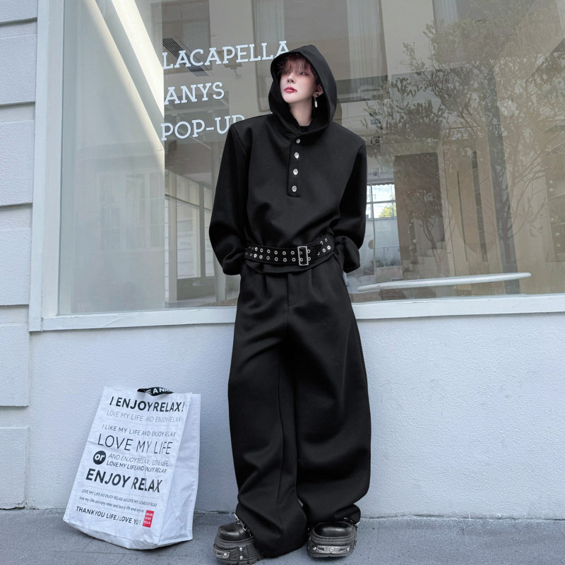 2026春装暗黑风连帽织带撞色卫衣套装男腰带设计痞帅阔腿长裤一套,男装,时尚套装,淘宝优惠券,粉丝福利购,淘宝优惠卷