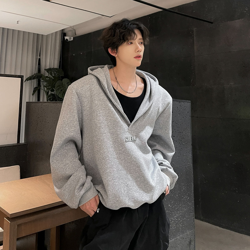 秋装重磅垫肩V领连帽卫衣男女韩版潮牌高级感短cleanfit灰色外套