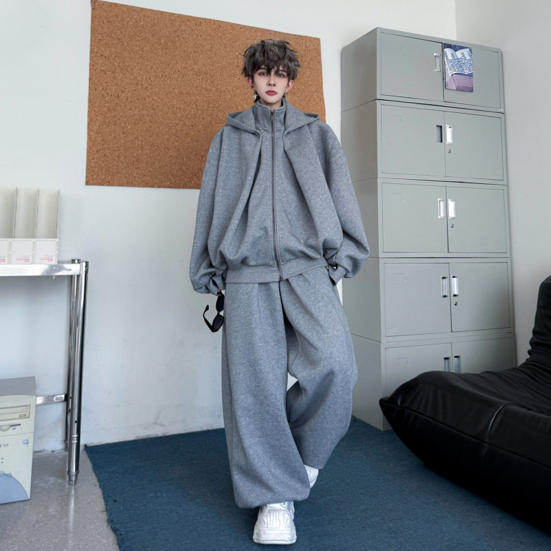 2025秋装小众活褶结构连帽假两件开衫卫衣男套装阔腿长裤两件套潮