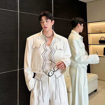 秋装小众设计师波浪明线刺绣短款夹克套装男设计感阔腿西裤两件套
