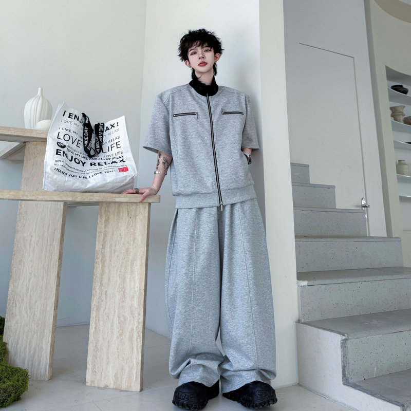 2026夏季美式立领撞色开衫双拉头短袖卫衣套装男休闲阔腿长裤一套