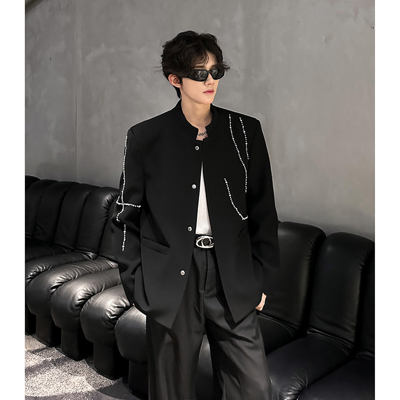 春秋高级感痞帅立领国风西装外套男休闲新中式钉珠设计感垫肩西服