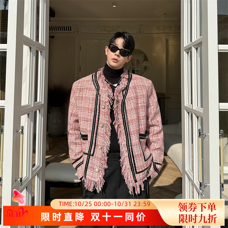 秋冬时尚毛边无领小香风外套男女气质韩版粗花呢织带拼接夹克粉色