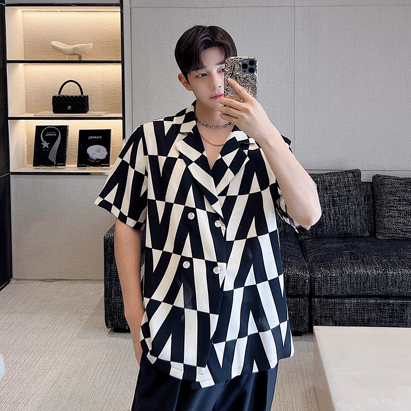 夏季韩国几何印花气质衬衫男长袖韩版小众设计感痞帅垂感衬衣潮流