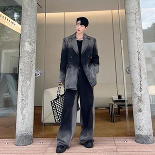 秋季复古小众渐变色水洗牛仔西装套装男黑灰设计感阔腿牛仔裤潮流