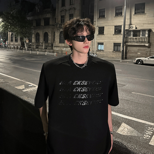 廓形cleanfit垫肩短袖T恤男立体印花重磅美式小领口正肩t恤五分袖