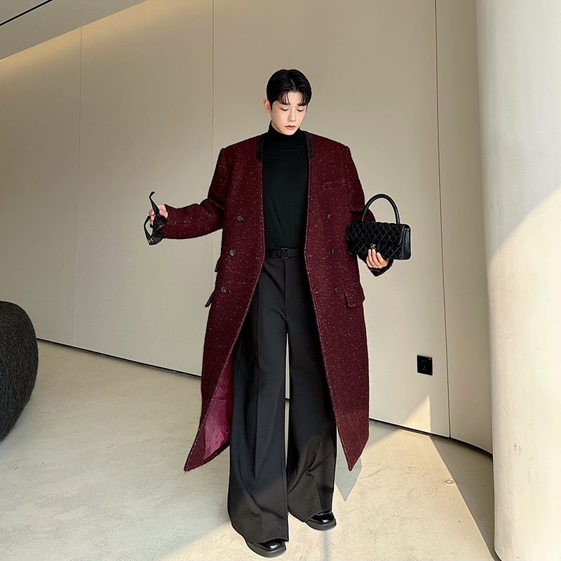 秋冬复古重磅法式V领亮丝撞色皮廓形加厚羊毛大衣男过膝呢子风衣