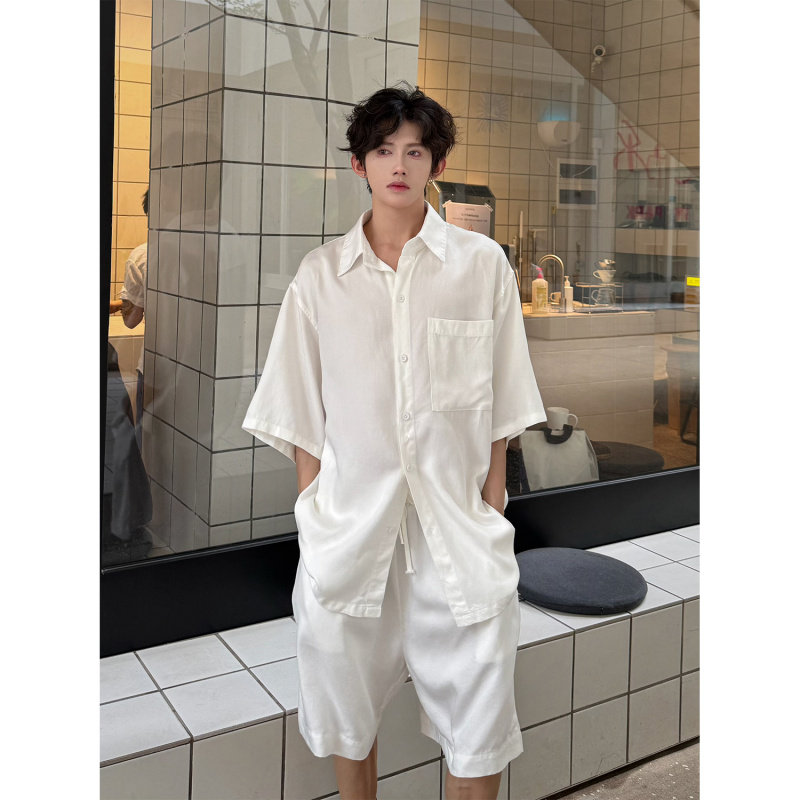 韩国cleanfit男士套装夏季薄款亚麻透气时尚短袖衬衫宽松休闲短裤
